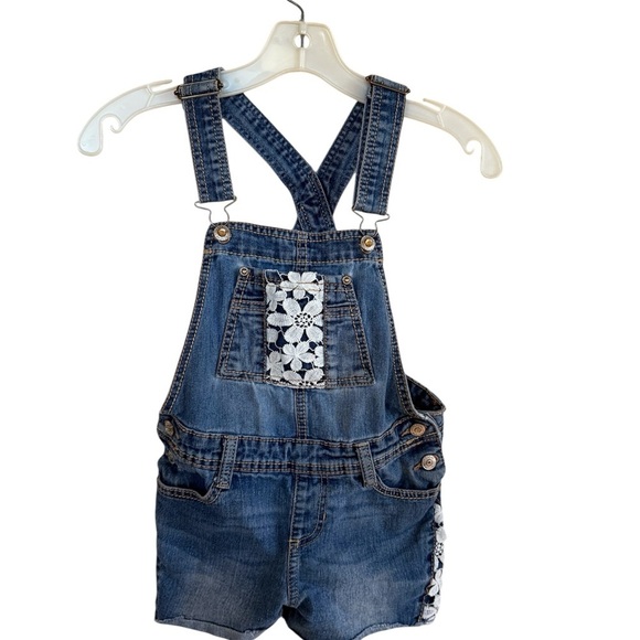 Jordache Blue and White Denim Overalls with Floral Panel M (7/8) - Picture 1 of 3